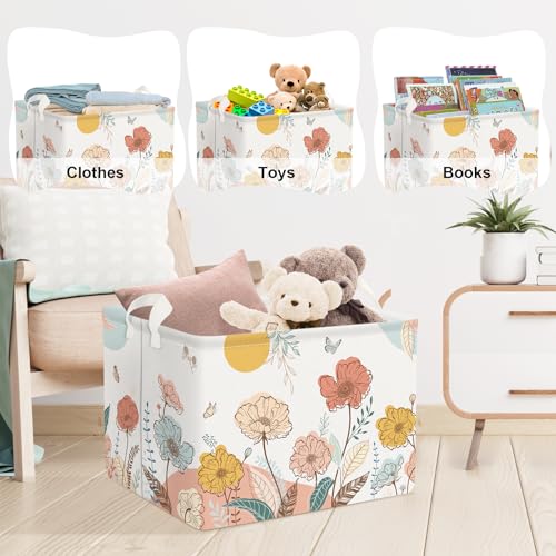 Clastyle 36L Boho Flower Leaf Girls Storage Basket Spring Garden Butterfly Clothes Toy Nursery Bin Collapsible Rectangle Book Shelf Basket for Kids Room