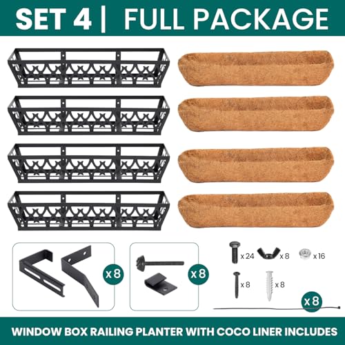4-Pack 24IN Window Box Railing Hanging Planter Coco Liner Basket, S3 - color: 4pcs - 24in Style 1