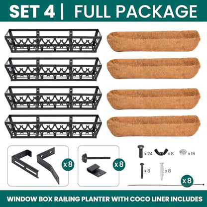 4-Pack 24IN Window Box Railing Hanging Planter Coco Liner Basket, S3 - color: 4pcs - 24in Style 1