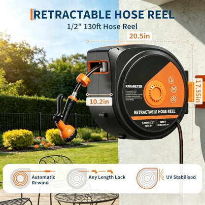 Retractable Garden Hose Reel, 130ft Slow Rewind Wall Mount - size: 130FT
