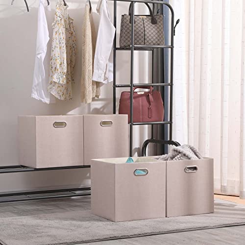 13x13x13 Inch Foldable Cube Storage Bins with Metal Handles, 4 Pack - color: Beige brown, size: 13 IN (4 Pack)