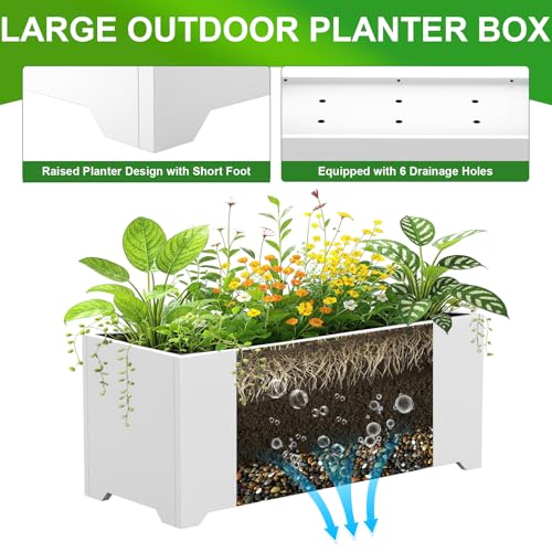 32" Metal Large Rectangular Planter - White Long Planter Box with Legs - color: White, size: 32" L x 15" W x 15" H