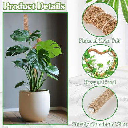 Moss Pole Monstera Plant Support 2 Pack 28 Inch Bendable Moss Pole for Monstera Plants Indoor Handmade Coco Coir Pole Plant Sticks Support Stakes for Potted Plants Philodendron to Grow Upwards - size: 28" with jute rope and straps