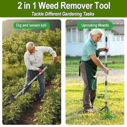 Stand Up Weed Puller Tool 2 in 1 Heavy Duty Manual Weeder & Garden Hoe, 4-Claw Steel Head Weed Remover with Gloves for Yard Lawn Patio Flower Bed