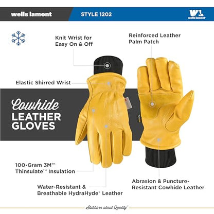 Wells Lamont Men's Insulated HydraHyde Work Gloves, Grain Cowhide, Large - size: Large, style: Glove