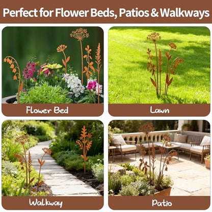 Outdoor Decor Metal Flower Garden Stakes, 5-Piece Yard Art Set for Lawn Patio Walkway Flower Bed, Rustic Farmhouse Dandelion & Fern Metal Garden Decorations for Outside