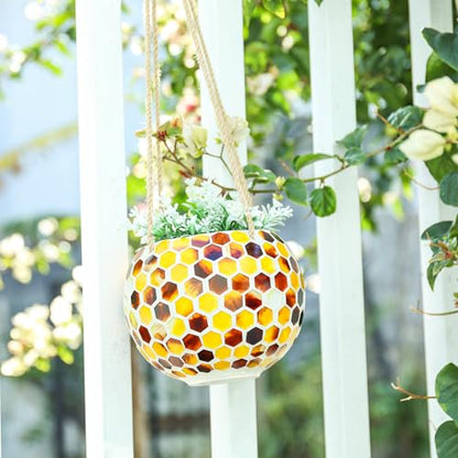 Ceramic Hanging Planter, Yellow Mosaic Bee Style Flower Plant Pot - color: Yellow
