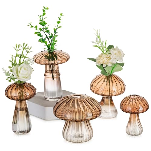 Glasseam Mushroom Glass Bud Vase Set of 5, Amber Small Vases for Flowers - color: Amber