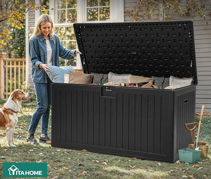 YITAHOME 260 Gallon Large Deck Box with Divider & Side Handles - color: Black, size: 260 Gallon