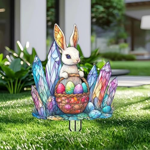 Easter Bunny Garden Stakes Decor Yard Acrylic - 2D Garden Acrylic Sign Decoration, Fantasy Yard Art, Gift for Nature Lovers, for Indoor & Outdoor Flower Pots, Yard, Mini Gardens & Lawn (5.9”x5.9”) - color: N
