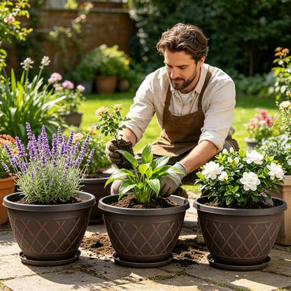 4 Pack 10 Inch Plant Pot, Planter Pots with Drainage Holes & Saucers - size: 10 Inch - 4Pack