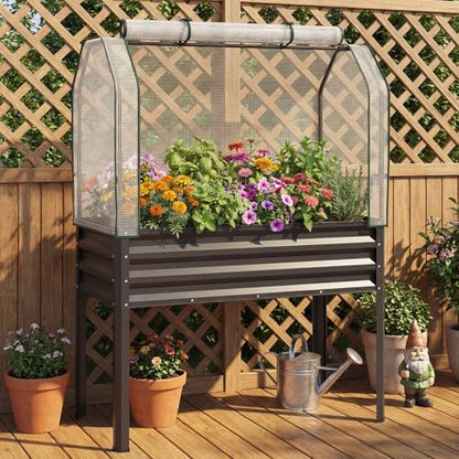 GIANTEX Raised Garden Bed with Legs & Greenhouse Cover, 44x22x60 Elevated Metal Planter Box with Roll-up Door, Outdoor Mini Greenhouse for Vegetable Flower Herb Patio Balcony (Black,1) - color: Black