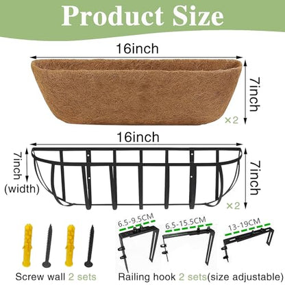 English Inviting Horse Trough Balcony Planter With Coconut LinerMetal Wall-Mounted Planter Box Deck Window Box 16 Inch (2 Pack) - size: 16 Inch