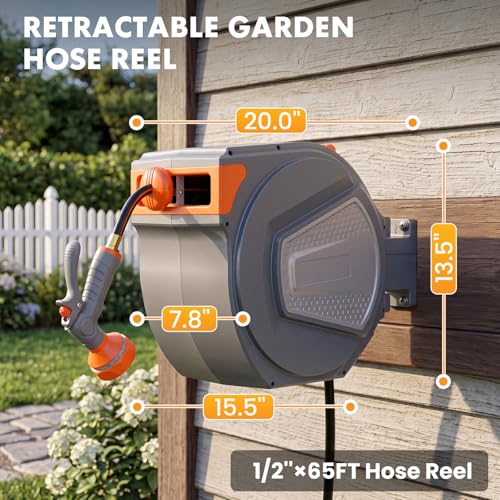 NEWBULIG Garden Hose Reel, 1/2" x 65 ft Retractable Heavy Duty Water Hose - color: Grey, size: 1/2" x 65 FT
