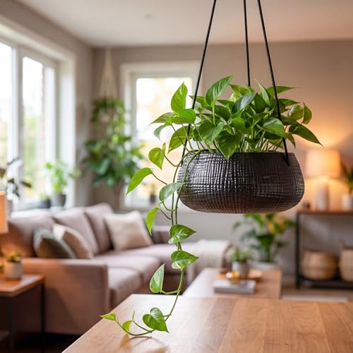 8 Inch Hanging Planter for Indoor Plant, Ceramic Black Flower Pot - color: Black