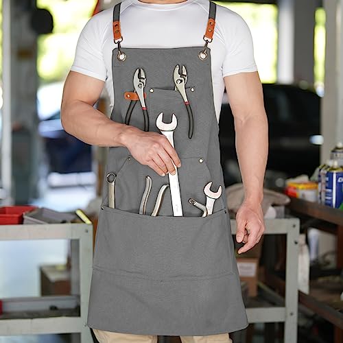 Aoomzoon Canvas Aprons for Men Women, Heavy Duty BBQ Apron with Pockets - color: Gray