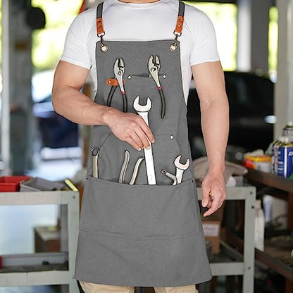 Aoomzoon Canvas Aprons for Men Women, Heavy Duty BBQ Apron with Pockets - color: Gray