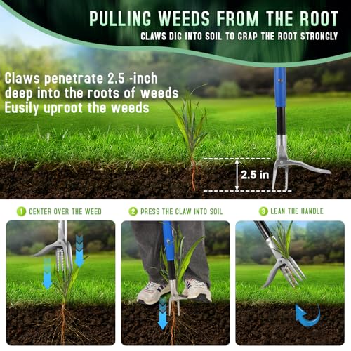 50” weed puller tool for Dandelion,Stand Up Weed puller With Easy-Eject Handle, Weeding Tool with 4 Steel Claw ,Wider Foot Platform Penetrate Tough Soil, weeder Without Bending, Pulling,kneeling