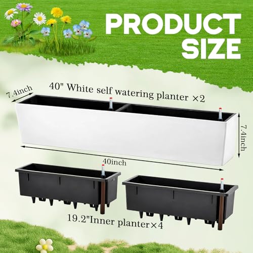 2 Pack Hanging Wall Planter Boxes 40" Large White Rectangular Flower Box with Window Bracket Self Watering System Railing Planter Outdoor Plant Pot Container Deck Rail Fence Balcony