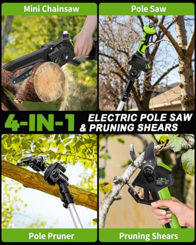 4-in-1 Cordless Pole Saw&Electric Pruning Shear, 8" 15Ft Reach, 2 Batteries - color: Green