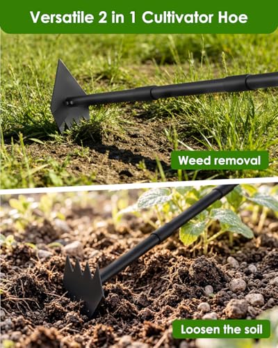 Luvenia Garden Hoe, 46 Inch Long Handle Hoe Garden Tool Heavy Duty, 2 in 1 Weed Rake & Garden Hoe for Women & Family Gardeners, Fast Weeds Grass Removal,Cultivating, Loosen Soil, Sharp Edge - size: 44in