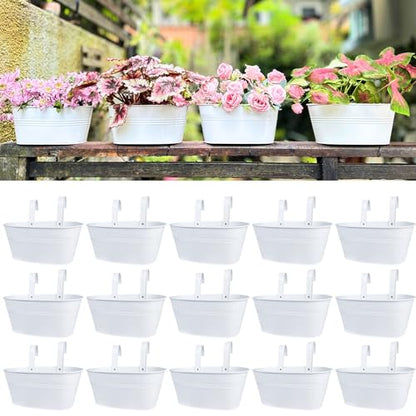 LaLaGreen Balcony Rail Planter (11.2 in, 15 Pack) White Metal Hanging Pots - size: 11.2" (28 cm) x 15 Pack