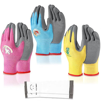 Kids-Gardening-Gloves for Age 3-12, Rubber-Coated Garden Yard Work-Gloves for Children Toddlers Boys & Girls - color: 3 Pair - Blue, Yellow, Pink