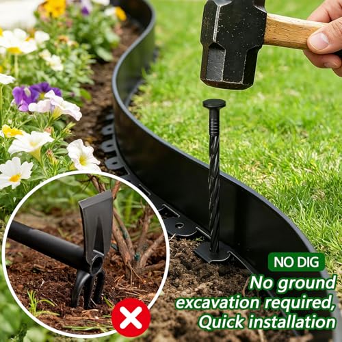 Garden Edging Border, 4In x 66 FT Landscape Edging with 100 Spikes, Black - size: 4 Inch x 66ft-Black