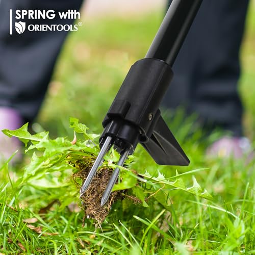 ORIENTOOLS Weed Puller Stand Up Weeder Hand Tool with 3 Claws for Dandelion, Steel Twist Hand Weed Root Pulling Tool Grabber and Picker, 38" Long Handle Lawn Easy Root Remover Garden Tool with D-Grip - size: 3-Claw & D-Grip