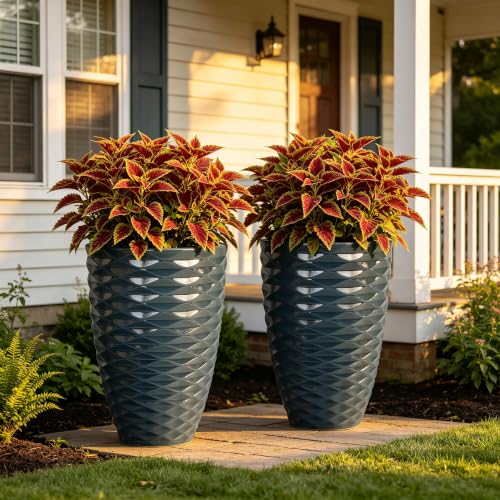 19" Resin Tall Outdoor Planters for Plants Set of 2, Costal Wavy Pot - color: 19"h-navy Blue Wavy