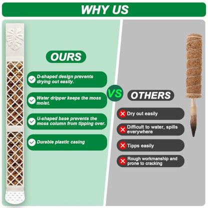 2 Pcs 9 Inch D Shaped Moss Pole with Watering Dripper, Plastic Moss Poles for Climbing Plants, Sturdy Monstera Plant Support, Self Watering Moss Pole Kit for Plants Indoor (1Pack 2Pcs-White) - size: 1Pack 2Pcs-White