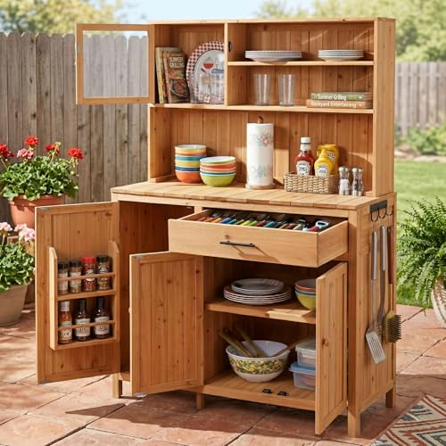 Potting Bench with Hutch, 65" H Solid Fir Wood Garden Workstation, Large Countertop, Patio Kitchen Island with Adjustable Shelves, Spice Rack, Side Hook and Drawer, Natural - size: Natural+1 Drawer