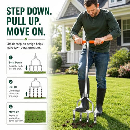 Manual Core Aerator Lawn Tool with 4 Hollow Tines, 3.94-Inch Plug Aerator