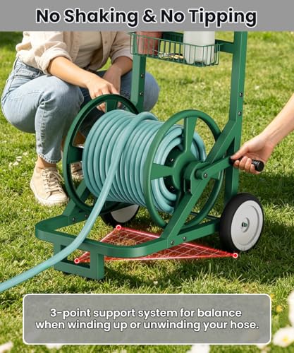 Artigarden Garden Hose Reel Cart with Wheels, Holds 125 ft 5/8" Hose, Green