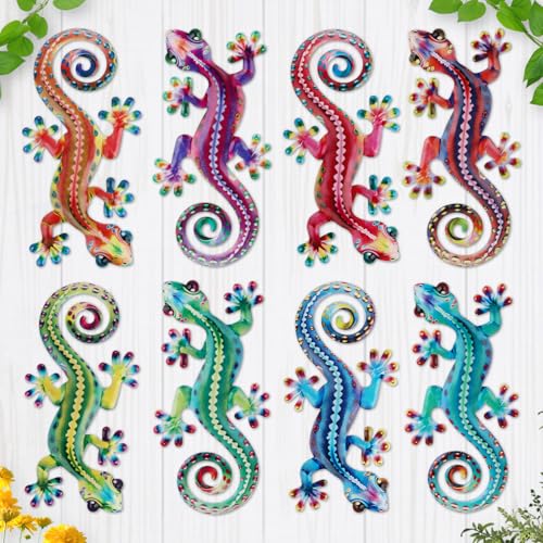 Junware 8 Pcs Metal Gecko Wall Art Outdoor Decor Metal Lizards Wall Decor Lizard 4.2 * 8.5 Inch Suitable for Hanging in Yard Garden Patio Fence Home, Idea Gifts for Mom Father Friends - color: Gecko-c