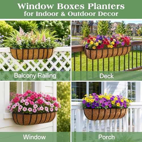 ZeeDix 24 Inch Railing Planter Box, 2 Pack Metal Window Box with Coco Liner
