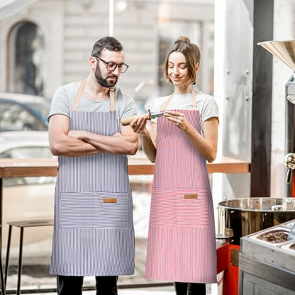 BeLuyi 2 Pack Adjustable Bib Apron with 2 Pockets Chef Cooking Kitchen Restaurant Aprons for Women Men - color: Blue/Red Pinstripes