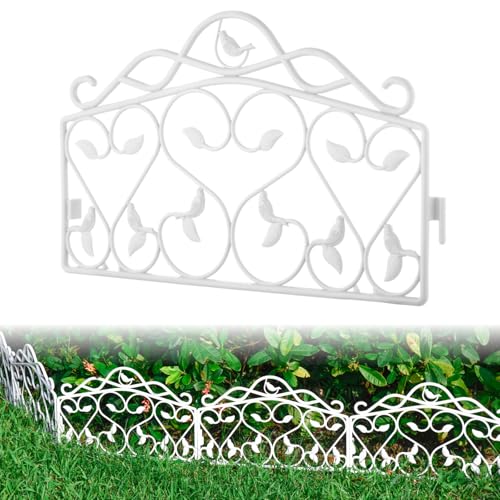 Evelyne Decorative Garden Border Plastic Edging – PP Plastic, Short Metal-Free Faux Wrought Iron Leaf & Bird Design, 16pcs Yard Landscaping Fence Liner Lawn Edge Barrier, 20ft Kit of Decorative Panels - color: White, size: 20 feet