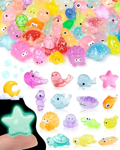 FIVEIZERO 102PCS Luminous Mini Resin Ocean Animals Bulk - 15 Styles Multiple Colors per Style Glow in The Dark Plastic Tiny Sea Creatures for Dollhouse, Fairy Garden, Aquarium & DIY Craft Decor - color: Multi-colored Aquatic Animals