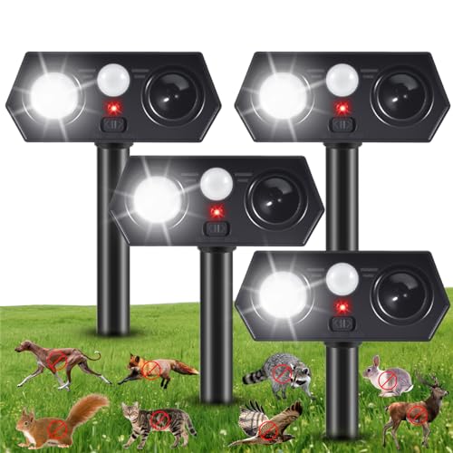 Sonic Racoon Fortress Pro IP65 Solar Ultrasonic Animal Repellent Outdoor Deer Repellent Devices Cat Deterrent Deer Alarms for Gardens with Motion Sensor&Light Rabbit Squirrel Skunk Dog Repeller(4)