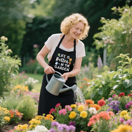 Gardening Apron for Women with Pockets, Adjustable Funny Garden Apron Gifts for Gardener Mom Wife Plant Lover - color: Black-life is Better in the Garden