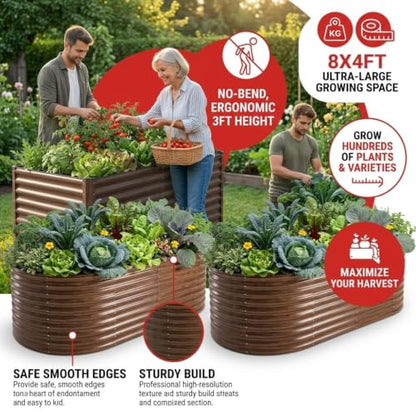 SnugNiture Brown Raised Garden Bed, 3-Piece Set Includes 1 Rectangular & 2 Oval Galvanized Garden Beds, 36" Tall Bottomless Planter Boxes for Vegetables, Herbs, Flowers and Outdoor Gardening