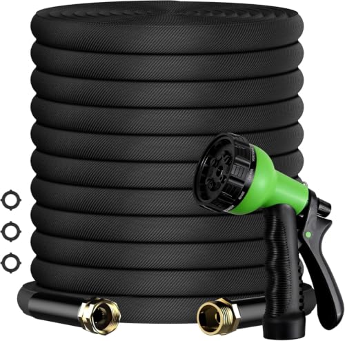 50FT Non-Expandable Flat Garden Hose with 10 Function Nozzle,No-Kink,Black - color: Black, size: 50FT