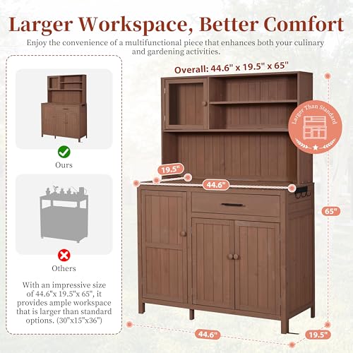 Potting Bench with Hutch, 65" H Solid Fir Wood Garden Workstation, Large Countertop, Patio Kitchen Island with Adjustable Shelves, Spice Rack, Side Hook and Drawer, Brown - size: Brown+1 Drawer