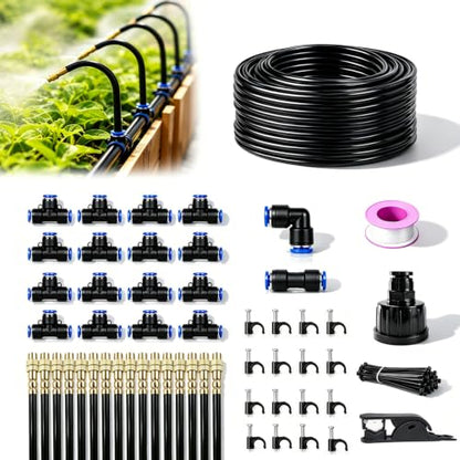 5/16" Drip Irrigation System 65 ft with 16-Pcs 360° Adjustable Copper Nozzles, Automatic Misting Watering System for Garden, Raised Beds, Greenhouse (65ft+16 nozzles) - size: 65ft+16 nozzles