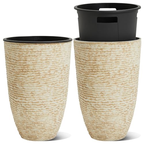 Worth Garden 21" H Beige Tall Planters set of 2 with Inside Pots - 14'' Dia Plastic Large Round Plant Tree Pots with Drain Hole - Decorative Imitation Stone Finish for Indoor Outdoor Front Porch Patio - color: Beige