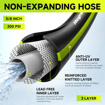 Garden Hose 25ft, Non-Expandable Heavy Duty Water Hose with 10 Function Sprayer, Flexible, Leakproof, Kink Resistant & Hybrid Hose for Yard, Outdoor, 600 PSI - size: 25ft