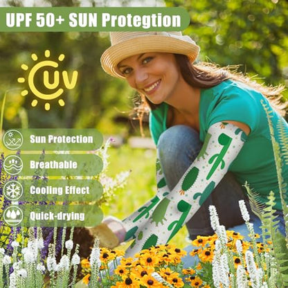 Gardening Sleeves for Women UV Sun Protection with Thumb Hole Anti-Scratch - color: Green Cactus