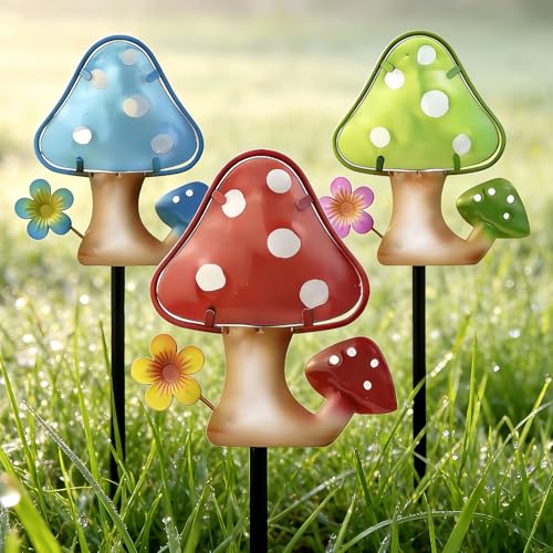 Mushroom Garden Stakes Set of 3 Metal Glass 10" Outdoor Yard Lawn Decor - color: Mushroom