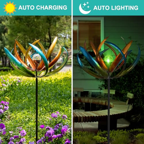 83-Inch Solar Wind Spinner Outdoor Metal, Kinetic Yard Art with Glass Globe - color: 83" Tulip